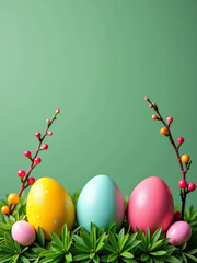 Poster - Colorful Easter Eggs With Floral Elements And Twigs Are Placed On A Lush Green Background For A Festive Display.