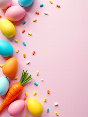 Poster - Colorful Eggs, Carrots, And Sprinkles On A Pale Pink Background Create A Vibrant Easter Decoration Scene In A Minimalist Setting.