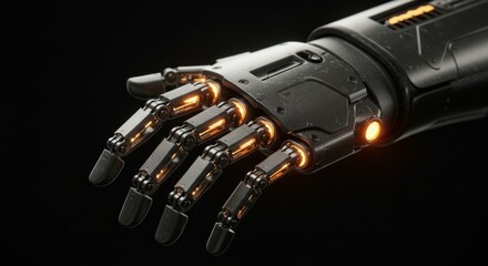 Poster - Futuristic robotic hand reaching out with glowing orange lights in a dark environment showcases advanced artificial intelligence and technological innovation