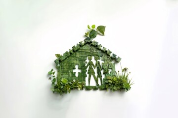 Poster - 環境保護をテーマにした緑豊かな家デザイン 白い背景に植物と生態学的シンボル