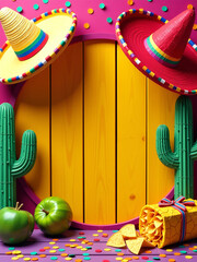 Aufkleber - Colorful Sombreros, Vihuela, Cactus, Pinata, And Nachos Decorate A Vibrant Wooden Backdrop With Confetti In An Empty Circular Space.