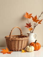 Wall Mural - Cozy Autumn Scene Features Warm Browns And Soft Pastels, A Wicker Basket, And Fallen Maple Leaves Amidst Vintage Details.