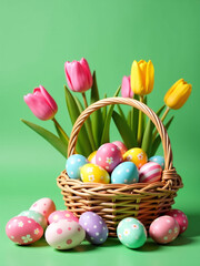 Poster - Decorated Easter Eggs Spill From A Basket Amidst Pink And Yellow Tulips On A Vibrant Green Background, Creating A Cheerful Scene.