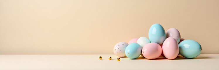 Aufkleber - Delicate Easter Egg Display With Pastel Hues, Fine China, And Golden Accents Set Against A Soft Beige Background In Isolation.