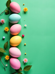 Poster - Easter Eggs Are Beautifully Arranged Vertically On A Vibrant Green Background Amidst Festive Decorations.