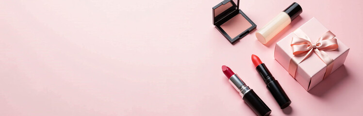 Poster - Elegant Makeup Products And A Gift Box With Ribbon Are Displayed On A Soft Pink Colored Background.