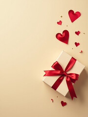 Aufkleber - Flat Lay Design Features A Gift Box With Ribbon, Tie, And Hearts On A Beige Background With Space For Text Or Promotions.