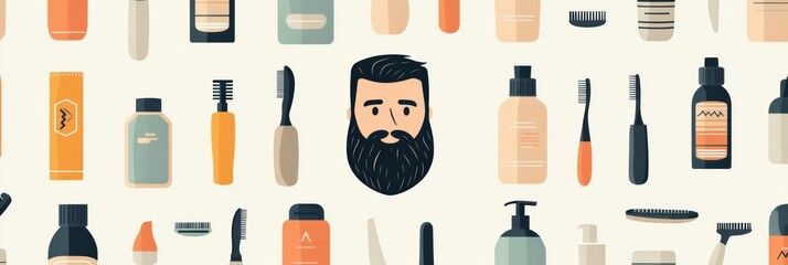 Poster - Pattern featuring grooming tools and beard icons in a muted color palette for stylish designs