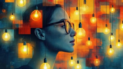 Poster - Illuminated Mind: A woman wearing glasses is shown in profile against a backdrop of glowing light bulbs and colorful squares, suggesting creativity, innovation, and bright ideas.