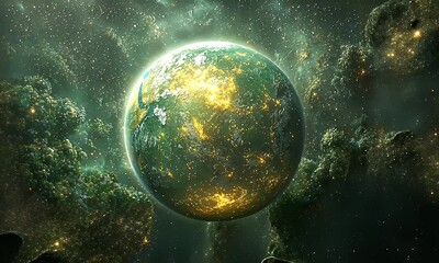 Wall Mural - Glowing Planet Surrounded by Luminous Stars and Mystical Nebulae in the Cosmic Universe with a Dreamlike Atmosphere