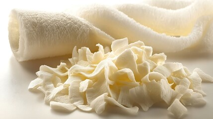 Poster - Soft, textured white fabric rolls and shavings artistically arranged on a light background