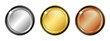 © antoniofrancois - Award golden, silver and bronze blank medals 3d vector realistic illustration. First, second and third place medals or buttons isolated on white background. Quality blank, empty badge, emblem set.