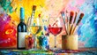 © Johannes - Art and wine night banner featuring paintbrushes, wine glasses, and vibrant splashes of color, designed to promote summer sip and paint events, creative workshops, art and wine experiences. illustrat