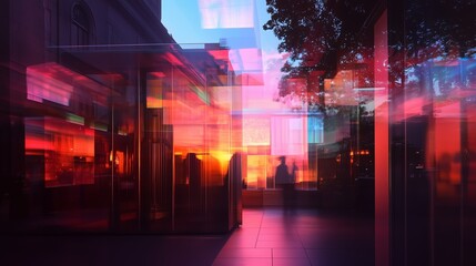 Poster - reflections of a vibrant sunset illuminating modern architecture in an urban space