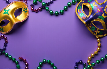 Poster - Masks And Colorful Beads Are Arranged On A Vibrant Purple Background, Creating A Festive Mardi Gras Scene.