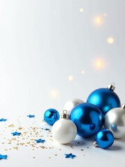 Aufkleber - Photo Of Blue White Silver Baubles Glowing Star Ornaments And Confetti On Isolated White Background With Generous Empty Space For Text Or Graphics.