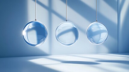 Poster - Three glass spheres suspended in a minimalist setting with soft shadows and light reflections