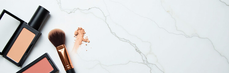 Aufkleber - Photo Of Makeup Products On A White Marble Background With Ample Empty Space To Create Visual Balance And Simplicity.