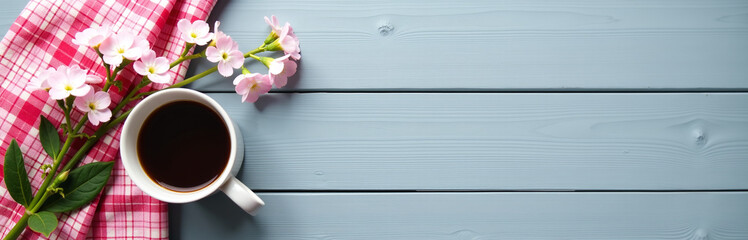 Aufkleber - Photograph Of A Mug, Gypsophila Flowers, And Pink Plaid On A Grey Wooden Desk With A Sparse Empty Space Surrounding It.