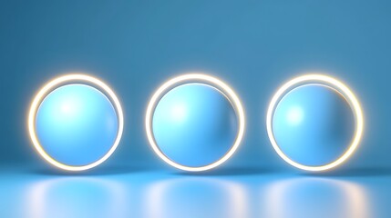 Aufkleber - Three glowing blue spheres with luminous rings on a smooth surface, set against a soft gradient background