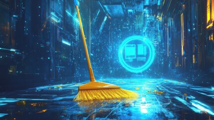 Poster - broom with augmented reality cleaning interface, futuristic, blue and yellow tones, digital painting