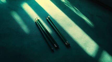 Aufkleber - Three green pencils arranged on a textured surface with dramatic shadows and light play