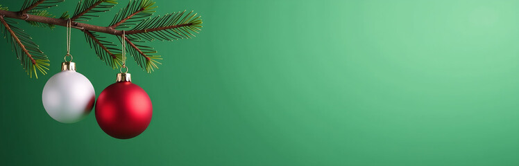 Poster - Red And White Christmas Tree Ornaments Hang From Pine Branches Against A Simple Isolated Green Background With Space For Text.