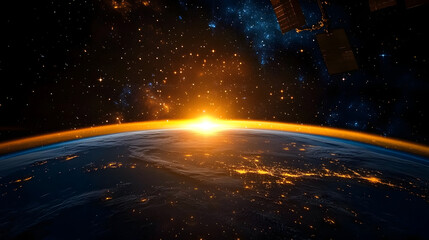 Wall Mural - stunning earth sunrise space view with bright golden light and starry galaxy sky dark stars night