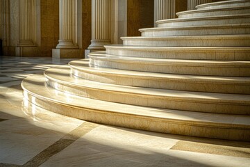 Poster - Sunlight reflects off polished marble steps in a large hall, highlighting the intricate details of the columns and floor design