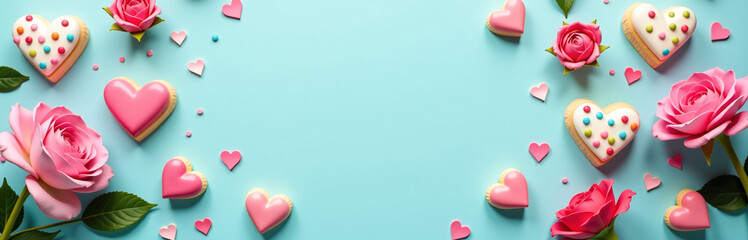 Aufkleber - Show Your Mom Love With A Heartfelt Top View Flat Lay Featuring Colorful Treats And Blooms On A Soft Pastel Blue Background.