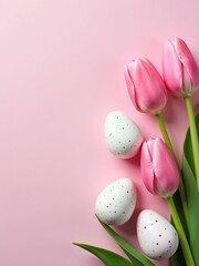 Poster - Soft Pink Background Features A Creative Arrangement Of Pink Tulips And Speckled Easter Eggs In A Delicate Design.
