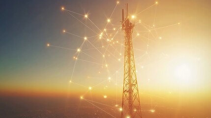 Aufkleber - Tower emitting signals at sunset, surrounded by a network of connections, symbolizing communication
