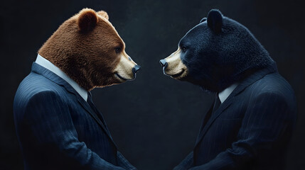 Poster - bear versus bear in suits facing each other, trading on stock market. bullish vs bearish trend. gene