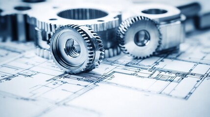 Poster - White engineering component on architectural blueprints illustration