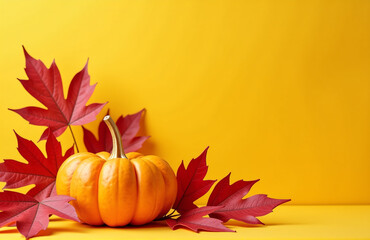 Aufkleber - Vibrant Autumn Colors Featuring Orange Pumpkins And Rich Red Leaves Set Against A Warm Sunny Yellow Background.