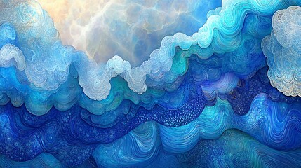 Poster - Vibrant abstract ocean waves in shades of blue, showcasing intricate patterns and textures