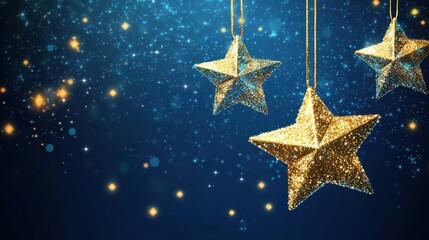 Wall Mural - golden christmas stars hanging on blue background with glitter illustration