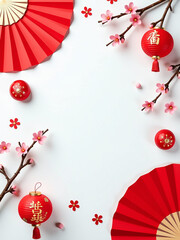 Aufkleber - Vibrant Lunar New Year Scene Features Red Fans, Auspicious Symbols, And Sakura Blossoms On A White Festival Table With Empty Space.