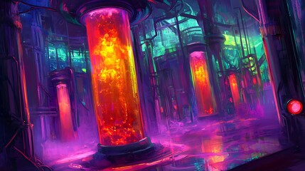 Poster - Vibrant futuristic industrial scene with glowing pillars and colorful lighting in a high-tech facility