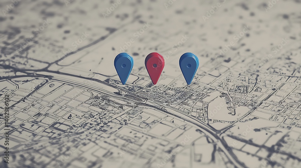 3D Map with Location Pins, 3D map with red and blue location pins ...