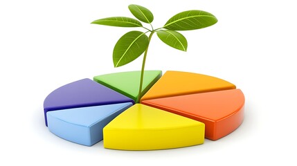 Poster - Vibrant pie chart segments with a green plant sprouting from the center, symbolizing growth and sustainability