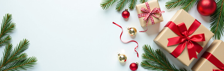 Poster - Wrapped Christmas Gifts Surrounded By Festive Decorations, Pine Branches, And Ornaments On A Simple White Background In Perfect Harmony.