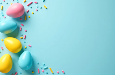Poster - Yellow Pink Blue Easter Eggs And Sprinkles On A Soft Pastel Blue Background With A Clear Empty Space In The Center.