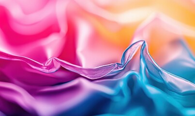 Poster - Close-up of iridescent material with flowing ripples and a vibrant gradient of pink, orange, and blue.