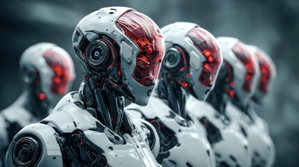 Poster - A row of sleek robots with glowing red visors stands in a futuristic setting, ready for action.