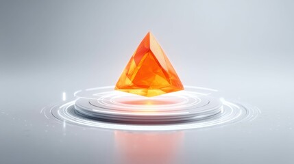 Poster - A captivating digital composition presents a vibrant orange crystal pyramid over a futuristic platform.