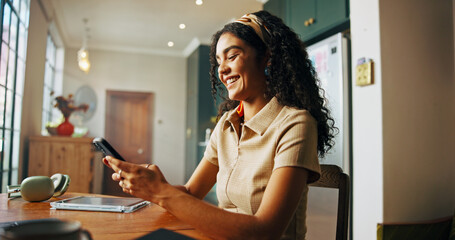 Poster - University student, girl and typing with phone in home for study break, checking notifications and text message. Gen z, person and happy with smartphone for social media scroll and college schedule