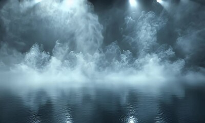 Wall Mural - Dramatic Atmosphere with Smoke and Light Effects on a Stage Surface Reflecting Water in a Dark Environment