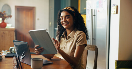 Poster - Girl, student and tablet with smile in kitchen for online course, e learning or problem solving for test. Woman, person and editing project with app for education, scholarship or research at house