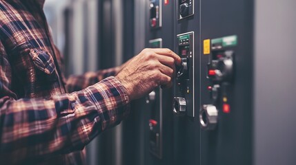 Aufkleber - Worker adjusting control panel settings in a modern industrial facility with machinery in background